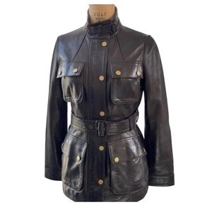 Banana Republic Black Leather Jacket Belted Fitted Four Pockets Size S Belstaff